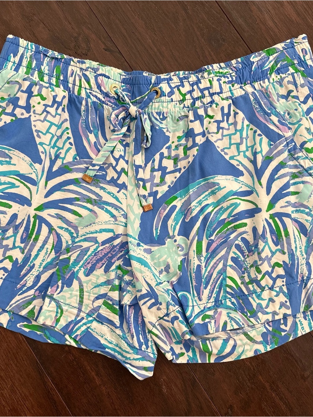 Lilly Pulitzer Blue Aqua Palm-Print Drawstring Shorts